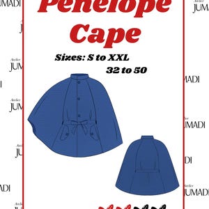 May include: A blue cape pattern with the text "Pénélope Cape" in red. The pattern includes sizes S to XXL and sizes 32 to 50. The difficulty level is indicated by hearts.