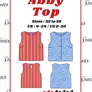 Peut inclure: Illustration du patron de couture "Abby Top", présentant deux modèles de hauts : un à rayures et un à motifs floraux. Tailles : 32 à 50, équivalent aux tailles UK 4-24 et US 0-20. Le niveau de difficulté est indiqué par des cœurs.