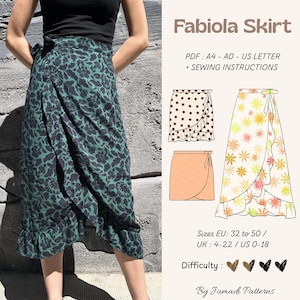 May include: A wrap skirt with a dark green and black floral pattern and a ruffled hem. The image includes text: Fabiola Skirt, PDF: A4 - A0 - US Letter + sewing instructions, sizes EU: 32 to 50 / UK: 4-22 / US 0-18, and By Jumadi Patterns.
