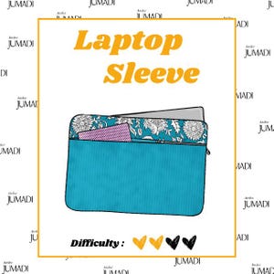 Pode incluir: Uma capa retangular para portátil com uma secção inferior azul turquesa sólida e um painel superior com um padrão floral branco sobre fundo turquesa. Um pequeno bolso com bolinhas roxas é visível. Texto: Laptop Sleeve e Difficulty.