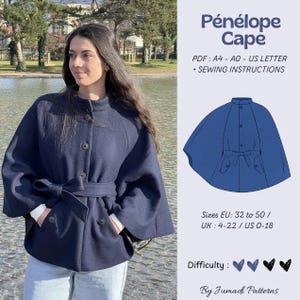 Molde para costura de capa Penelope com cinto, casaco feminino moderno, jaqueta com gola alta (download em PDF)