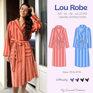 May include: A Lou Robe sewing pattern featuring a striped bathrobe in orange and red tones. The graphic includes text: Lou Robe, PDF: A4 - A0 - US LETTER + SEWING INSTRUCTIONS, Sizes: XS to XXXL, Difficulty: 2 out of 4 hearts, By Jumadi Patterns.