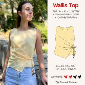 Top Wallis, blusa sin mangas drapeada, top con lazo lateral y acabado al bies, descarga instantánea en PDF.