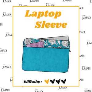 May include: A rectangular laptop sleeve featuring a solid turquoise lower section and a top panel with a white floral pattern on a turquoise background. A small purple rectangular pocket is visible. The text reads Laptop Sleeve and Difficulty.