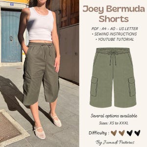 Könnte beinhalten: Olivgrüne Bermuda-Shorts mit elastischem Bund, Kordelzug und zwei seitlichen Cargotaschen. Das Bild enthält Text für Joey Bermuda Shorts, PDF-Formate A4, A0, US Letter, Nähanleitungen, ein YouTube-Tutorial und die Größen XS bis XXXL.
