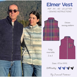 May include: Elmer Vest sewing pattern PDF for A4, A0, and US Letter. Includes sewing instructions for a fully reversible 2-in-1 unisex vest in sizes XS to XXXL. The graphic shows a plaid vest and a solid magenta vest with a plaid chest pocket.