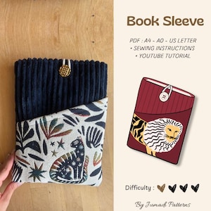 Peut inclure: Une pochette de livre avec une section supérieure en velours côtelé bleu foncé dotée d'une fermeture à bouton et une poche inférieure claire avec un motif de chat et de feuilles sombres. Texte inclus : Book Sleeve, PDF: A4 - A0 - US LETTER + SEWING INSTRUCTIONS + YOUTUBE TUTORIAL, Difficulty: 1/4, By Jumadi Patterns.