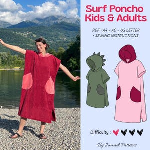 Surf Poncho Sewing Pattern, Kids and Adults Hooded Towel Robe (PDF Instant Download)