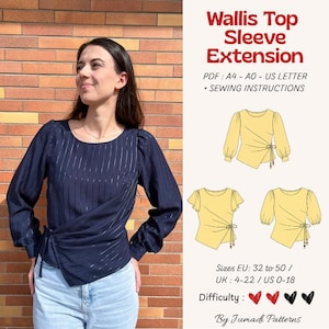 May include: A navy blue long-sleeve top with vertical silver stripes, a wrap-style front, and cuffed sleeves. The image includes text: Wallis Top Sleeve Extension, PDF: A4 - A0 - US LETTER + SEWING INSTRUCTIONS, Sizes EU: 32 to 50 / UK: 4-22 / US 0-18, Difficulty: 4 hearts, By Jumadi Patterns.