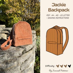 May include: A rust-colored corduroy backpack with a front pocket and zipper, accompanied by a digital pattern illustration labeled Jackie Backpack, PDF: A4 - A0 - US Letter + SEWING INSTRUCTIONS, and a difficulty rating by Jumadi Patterns.