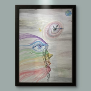 May include: Framed artwork featuring a surrealist illustration. A large eye with blue iris and rainbow-colored hair is depicted. A figure stands beside the eye, and a clock and planet are in the background. The artwork is framed in a black frame.