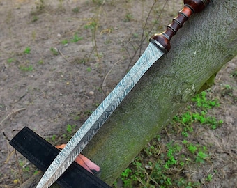 Espada de acero de Damasco auténtico forjada a mano, espada de caza de espiga completa, espada de hoja fija, regalo para él.