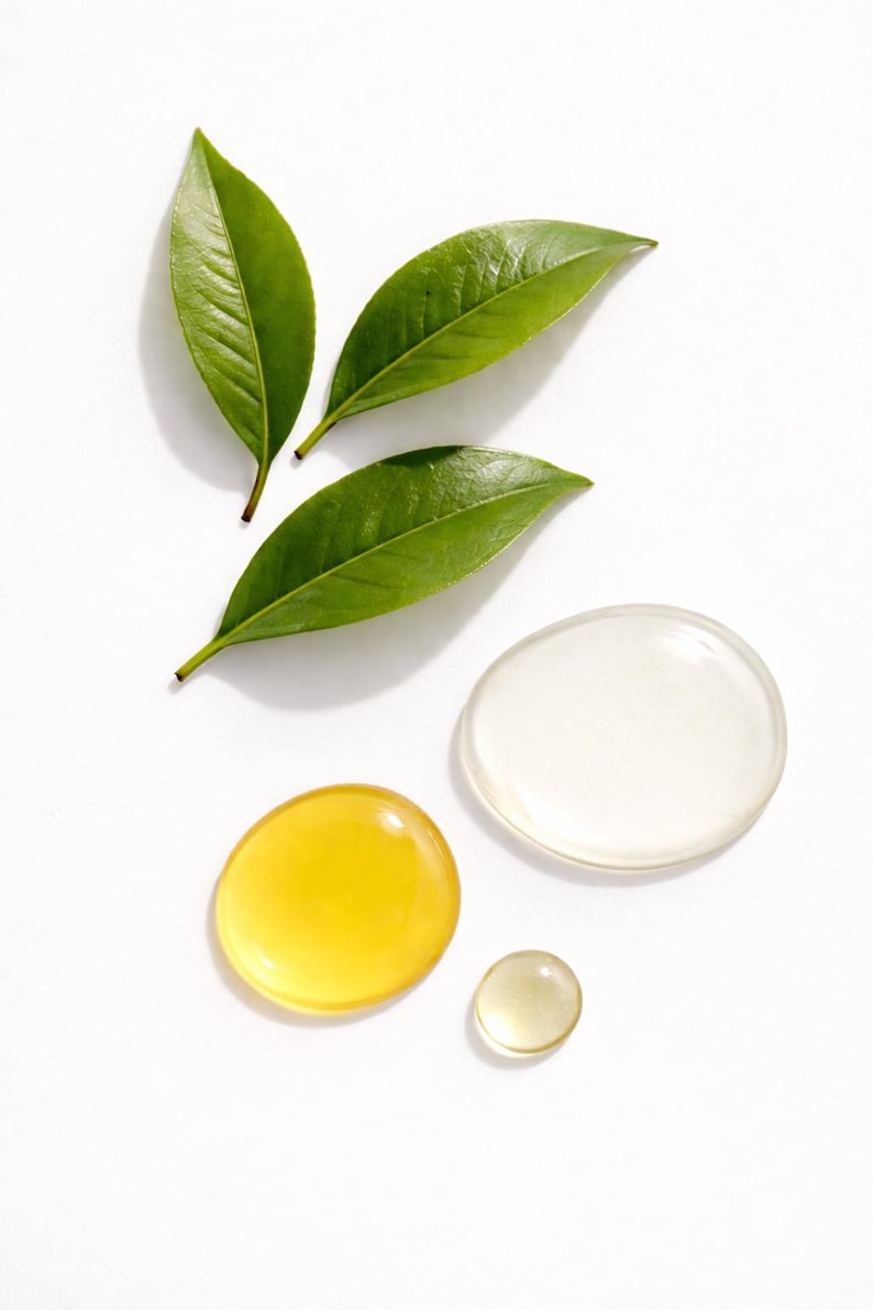 May include: An overhead shot features three vibrant green leaves and three translucent, oval-shaped droplets of varying sizes. One droplet is yellow, one is clear, and the smallest is a pale yellow. The composition is set against a clean white background.