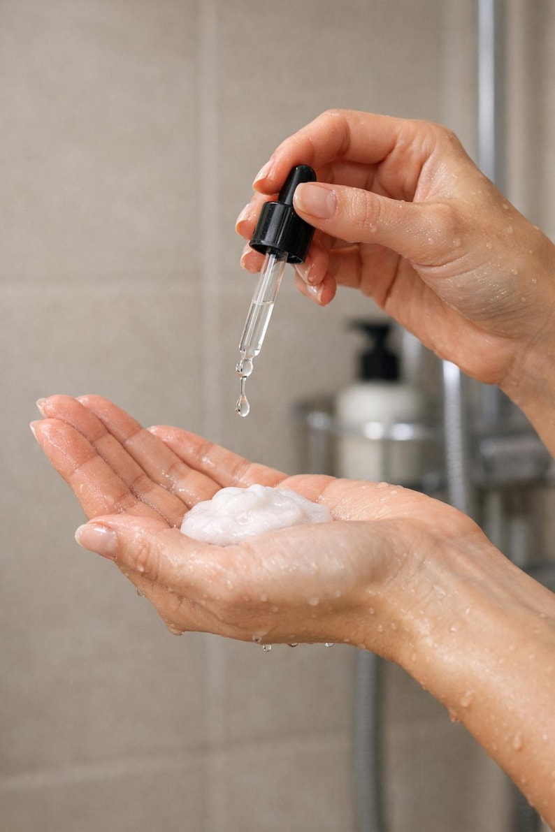May include: A close-up of hands holding a dropper dispensing a clear liquid onto a dollop of white foam. The dropper has a black top and a clear glass tube. The background is a blurred bathroom setting.