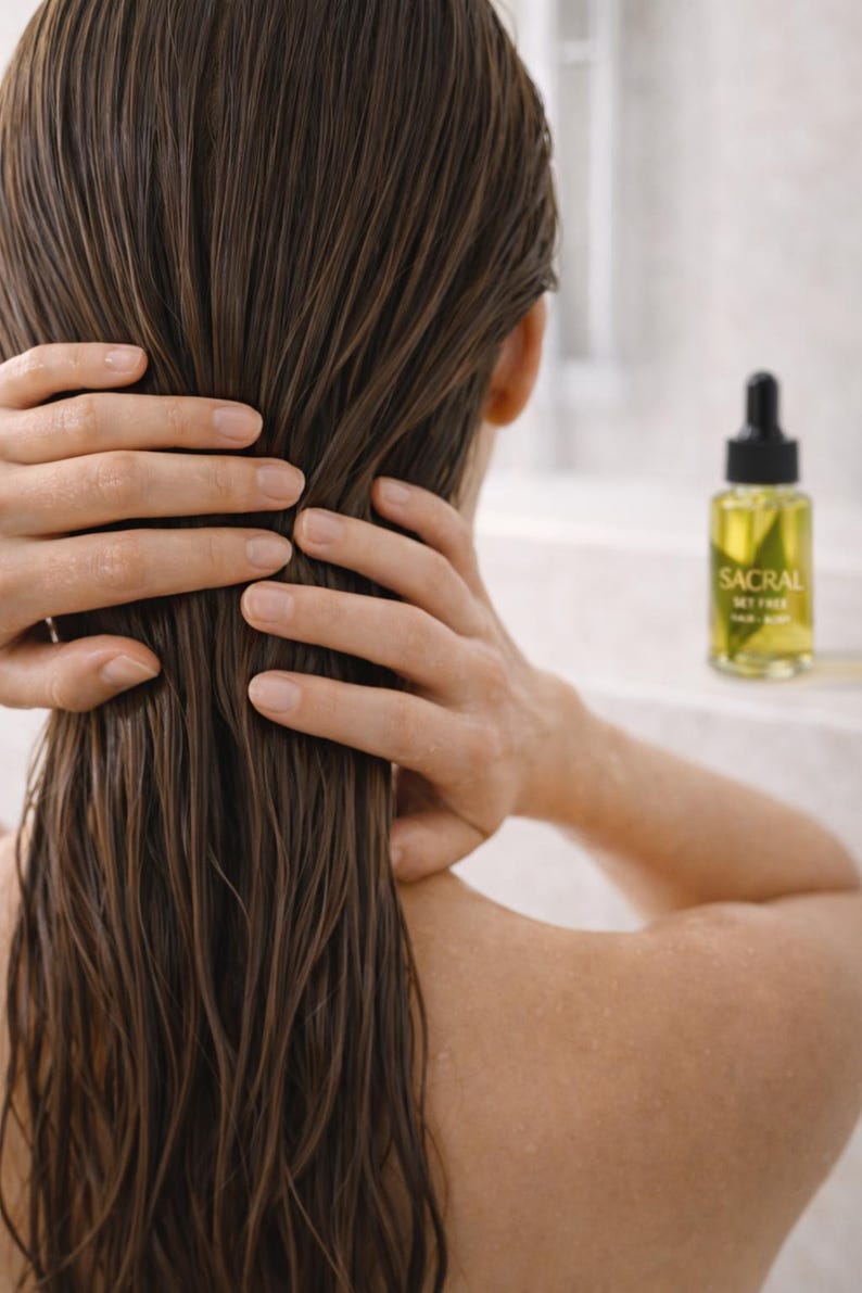 May include: A person's wet, brown hair is held with both hands. A bottle of Sacral Set Free hair and body oil is in the background. The bottle has a black dropper top and a yellow liquid inside.