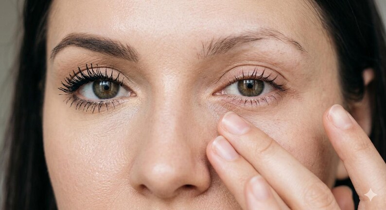 May include: Close-up of a person's face, focusing on the eyes. One eye has mascara applied, while the other eye is without. A hand gently touches the skin under the eye. The skin tone is fair.