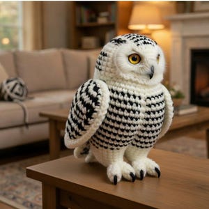Może przedstawiać: Ręcznie robiona figurka sowy zrobiona na szydełku, biało-czarna, z żółtymi oczami. Sowa stoi na drewnianym stole w przytulnym salonie z kominkiem i sofą w tle.