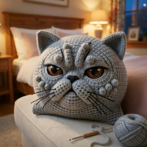 May include: A gray crocheted cat-shaped pillow with large, expressive brown eyes and black whiskers. The pillow is detailed with textured crochet stitches, resembling a British Shorthair cat. A ball of gray yarn and a crochet hook are next to the pillow.