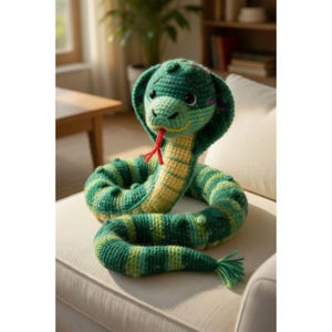 Op de afbeelding: Een gehaakte slang in groen- en geeltinten, met een rode tong. De slang heeft een kap en zit op een witte bank. Het lichaam van de slang is gestreept met verschillende tinten groen en geel.