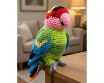 Patrón de ganchillo PDF de loro tropical amigurumi / Peluche de loro con percha, ideal para principiantes / Tutorial de juguete de pájaro colorido