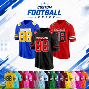 May include: Three custom football jerseys in blue, black, and red, each featuring the text TEAMNAME and the number 88 on the chest and shoulders. Below, a row of twelve additional jerseys in various colors including yellow, teal, and pink.