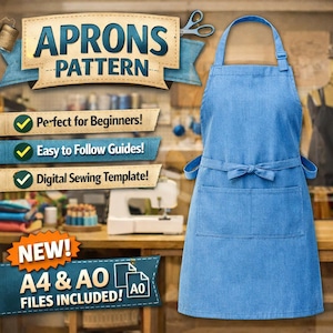 May include: A light blue denim apron with a front pocket and a bow at the waist. The image includes text that reads "APRONS PATTERN", "Perfect for Beginners!", "Easy to Follow Guides!", and "Digital Sewing Template!"