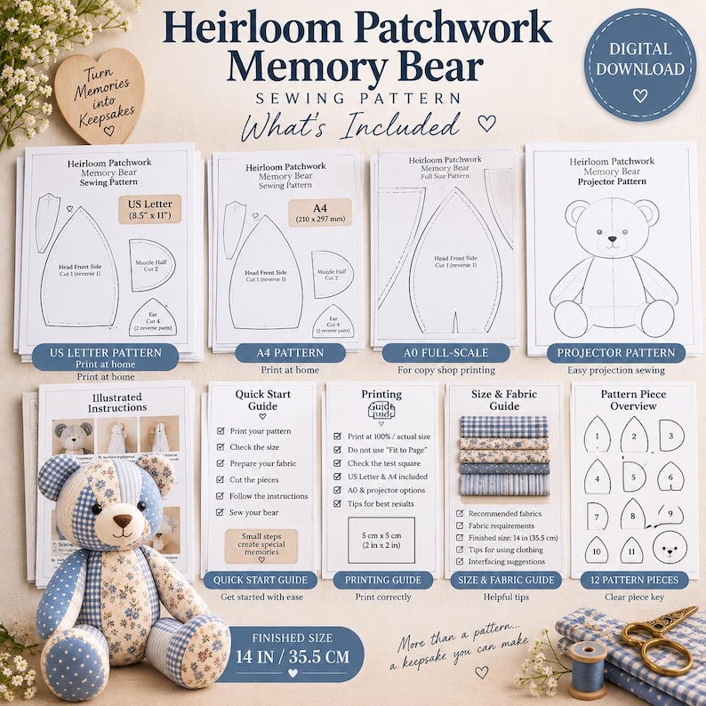 Memory Bear Sewing Pattern PDF, 14 Inch Patchwork Keepsake Teddy image 5