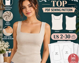 Patrón de costura en PDF para top de cuello cuadrado, top de punto sin mangas, tallas estadounidenses 2–30, formato A4. Descarga instantánea.