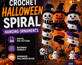 Halloween Crochet Pattern, Spiral Hanging Ornaments (Skeleton, Pumpkin, Ghost) (PDF)