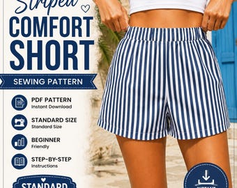 Striped Comfort Shorts Sewing Pattern (PDF Download), Beginner Loungewear DIY
