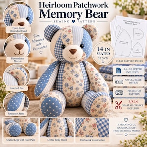 Memory Bear Sewing Pattern PDF, 14 Inch Patchwork Keepsake Teddy image 3