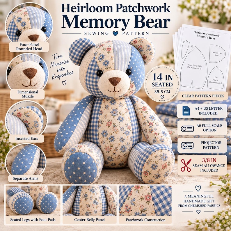 Memory Bear Sewing Pattern PDF, 14 Inch Patchwork Keepsake Teddy image 3