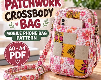 Patrón de costura en PDF para bolso bandolera de patchwork, patrón para bolso de móvil, bolso de hombro acolchado, imprimible en formatos A0 y A4, guía de proyecto de costura para principiantes.