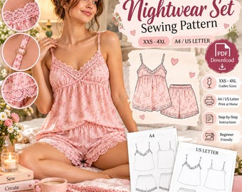 Two-Piece Nightwear Sewing Pattern, Cami Top & Shorts, XXS–4XL PDF
