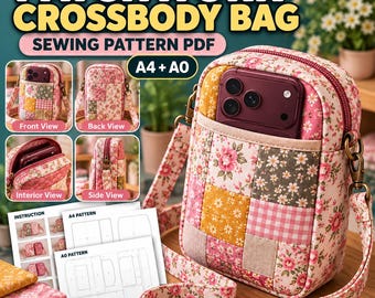 Patchwork Crossbody Phone Bag Sewing Pattern PDF, Beginner-Friendly, Zipper, Front Pocket, A4 & A0