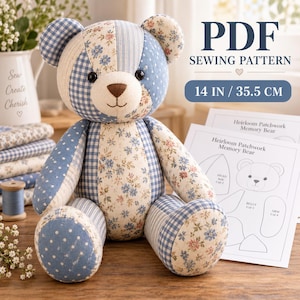 Memory Bear Sewing Pattern PDF, 14 Inch Patchwork Keepsake Teddy