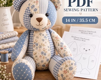 Memory Bear Sewing Pattern PDF, 14 Inch Patchwork Keepsake Teddy