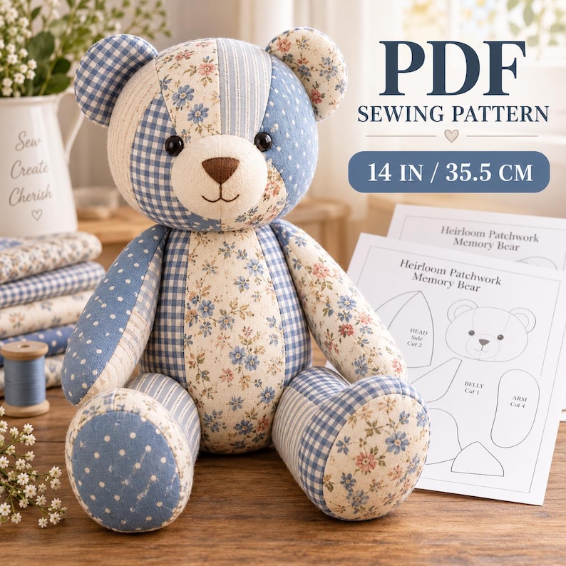 A finished 14-inch seated patchwork memory bear in blue, cream, floral, gingham, striped and polka-dot fabrics beside printable sewing pattern sheets.