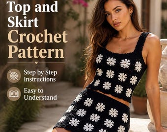 Conjunto elegante de top y falda de ganchillo estilo abuela: patrón DIY ideal para principiantes.
