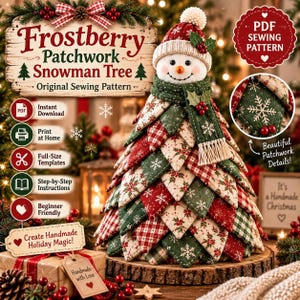 May include: A snowman tree sewing pattern featuring a snowman head with a knit hat and a body made of layered, triangular fabric patches in red, green, and white with snowflake, plaid, and floral prints, displayed on a wooden base.