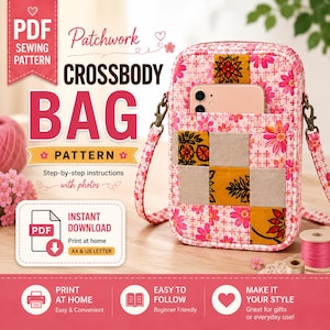 May include: A rectangular patchwork crossbody bag featuring a pink floral fabric and a grid of squares in mustard yellow, orange, and beige. The bag has a front pocket containing a smartphone and an adjustable strap attached with metal hardware.