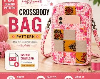 Quilted Crossbody Bag Sewing Pattern, Patchwork Phone Pouch (PDF Download)