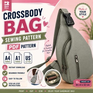 Peut inclure: Un patron de couture PDF pour sac bandoulière vert sauge avec une sangle unique, une boucle en plastique noir, une poche zippée frontale et un compartiment principal. Le texte indique CROSSBODY BAG SEWING PATTERN, PDF PATTERN et 16 x 6 x 32 cm.