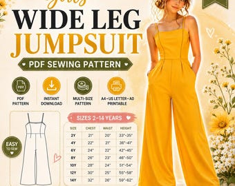 Girls Jumpsuit Sewing Pattern PDF | Wide Leg Romper Pattern | Kids Summer Outfit | Printable PDF | Multi Size Pattern