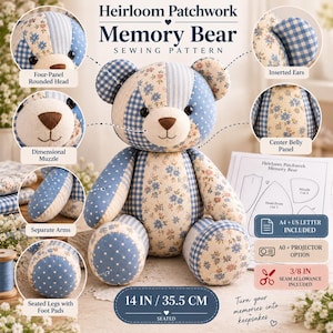 Memory Bear Sewing Pattern PDF, 14 Inch Patchwork Keepsake Teddy image 4