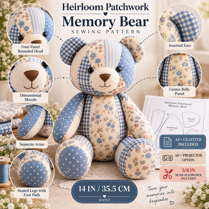 Memory Bear Sewing Pattern PDF, 14 Inch Patchwork Keepsake Teddy image 4