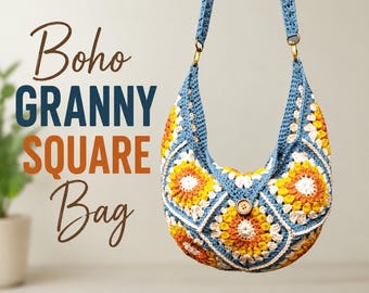 Patrón PDF para bolso de ganchillo cuadrado estilo boho de la abuela
