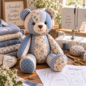 A finished 14-inch seated patchwork memory bear in blue, cream, floral, gingham, striped and polka-dot fabrics beside printable sewing pattern sheets.