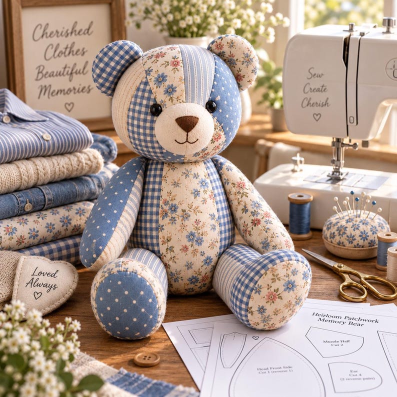 A finished 14-inch seated patchwork memory bear in blue, cream, floral, gingham, striped and polka-dot fabrics beside printable sewing pattern sheets.