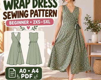Patrón de costura en PDF para vestido cruzado, vestido con cuello en V para principiantes, 10 tallas (2XS-5XL), A0 y A4